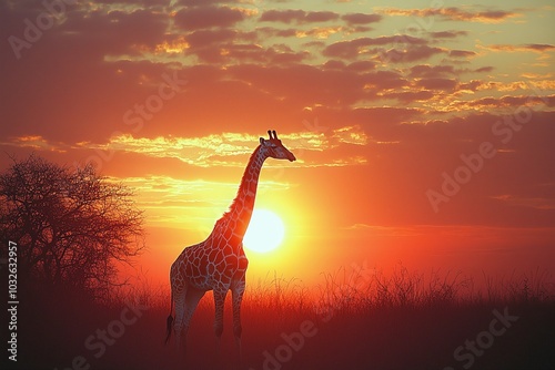 Silhouette of a giraffe with a sunset view