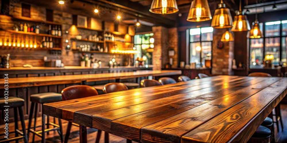 Rustic Wooden Table in Cozy Restaurant Setting with Warm Lighting and Industrial Aesthetic - Inviting Bar Interior for Commercial Design Projects and Food Blog Content Rustic Wooden Table in Cozy Restaurant Setting with Warm Lighting and Industrial Aesthetic - Inviting Bar Interior for Commercial Design Projects and Food Blog Content