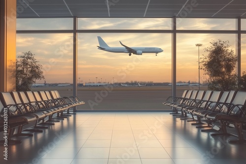 Waiting area at airport with airplanes flying