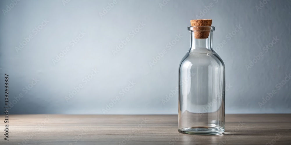 Serene Elegance Minimalist Glass Bottle with Cork on Blue Background for Product Photography and Design Concepts Serene Elegance Minimalist Glass Bottle with Cork on Blue Background for Product Photography and Design Concepts