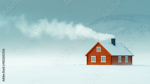 Cozy red house in snowy landscape with smoke.