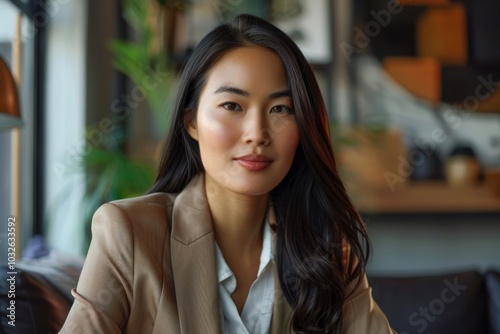 Portrait of young mixed race Asian businesswoman sitting