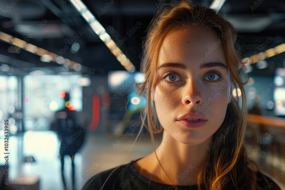 Portrait of young white woman in a busy modern workplace Portrait of young white woman in a busy modern workplace