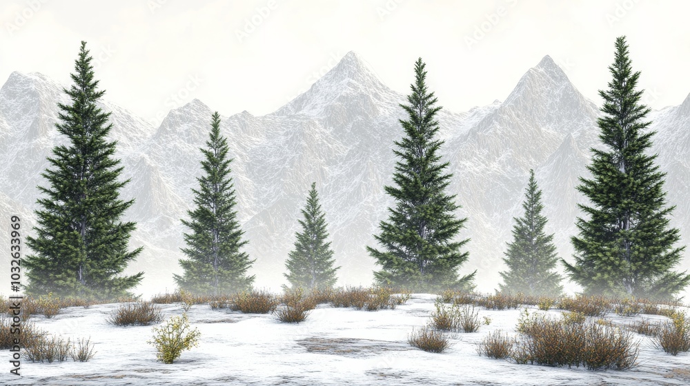 Fototapeta premium Tall evergreen trees stand gracefully in a blanket of snow beneath majestic mountains