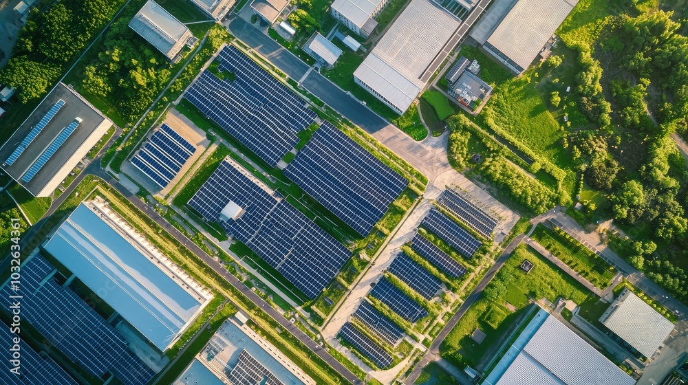 Aerial View of Modern Industrial Complex with Solar Panels Aerial View of Modern Industrial Complex with Solar Panels