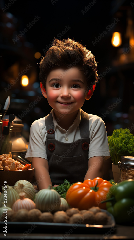 Fototapeta premium Adorable Young Chef Smiling Brightly Amid Fresh Vegetables in Kitchen