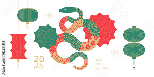 2025 Chinese new year greeting card template, year of the snake design with modern geometric style snake with lanterns and eastern flowers isolated on transparent background. Minimalism style