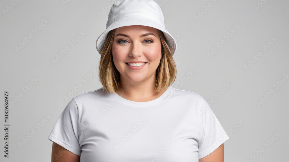 Plus size woman with short hair wearing white t-shirt and white bucket hat isolated on grey background Plus size woman with short hair wearing white t-shirt and white bucket hat isolated on grey background