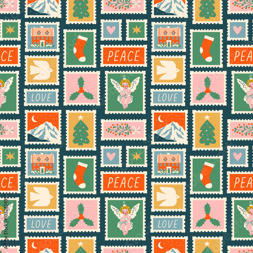 Merry Christmas vintage post card stamp seamless pattern illustration. Retro style winter holiday postage sticker texture. Xmas celebration mail postmark wallpaper, festive postal label print.