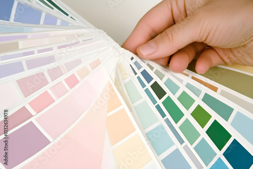 Hand selecting color swatches from a vibrant palette of pastel and bold shades for design or interior decoration photo