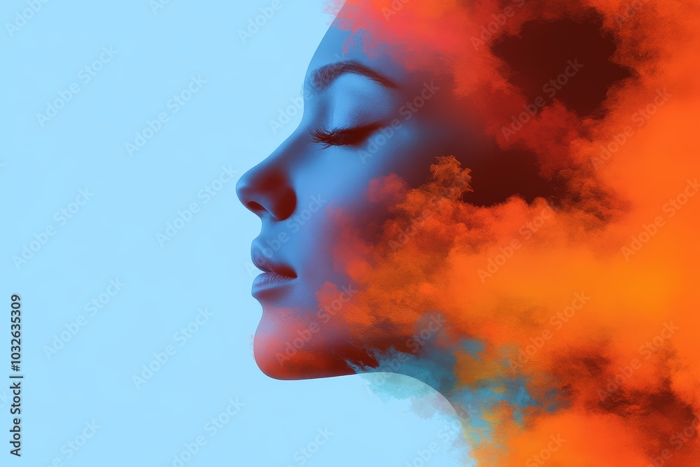 Abstract profile of a woman’s face dissolving into vibrant clouds of orange and blue symbolizing creativity transformation and the ethereal beauty of thought in a surreal dreamlike image Abstract profile of a woman’s face dissolving into vibrant clouds of orange and blue symbolizing creativity transformation and the ethereal beauty of thought in a surreal dreamlike image