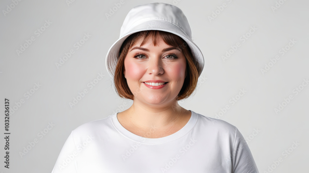 Plus size woman with short hair wearing white t-shirt and white bucket hat isolated on grey background Plus size woman with short hair wearing white t-shirt and white bucket hat isolated on grey background