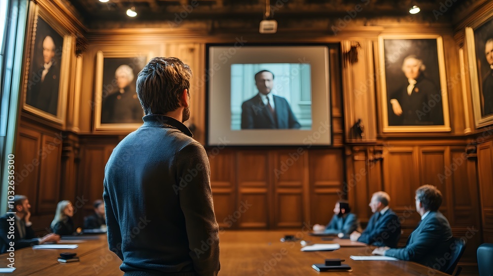 A man in his early 40s stands at a projector screen in a government office with large wooden doors and portraits of historical figures on the walls. His colleagues sit in silence as they discuss the A man in his early 40s stands at a projector screen in a government office with large wooden doors and portraits of historical figures on the walls. His colleagues sit in silence as they discuss the