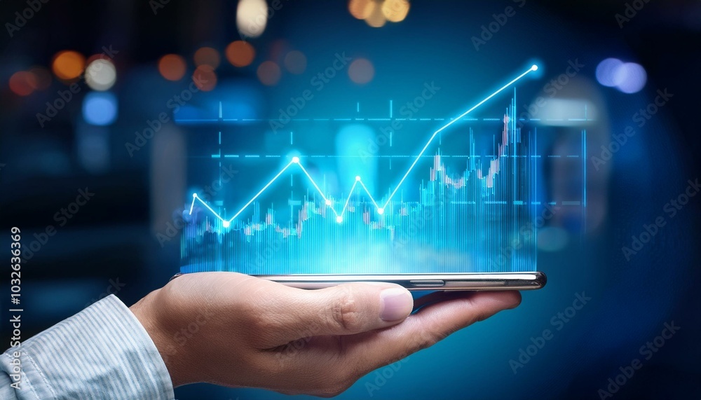 Hand holding smartphone with financial graph overlay. Hand holding smartphone with financial graph overlay.
