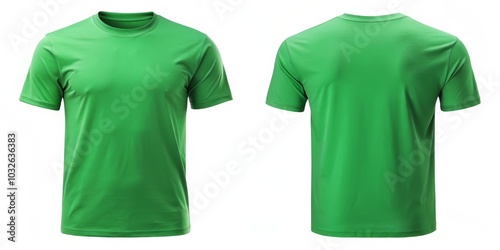 Vibrant Green T-Shirt Duo Closeup View on Glossy Fabric, Plain and Simple Apparel Presentation on White Background - Professional Realistic Product Image Ideal for Customization