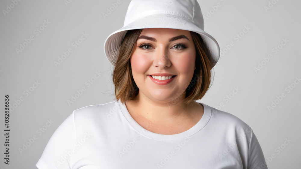 Plus size woman with short hair wearing white t-shirt and white bucket hat isolated on grey background