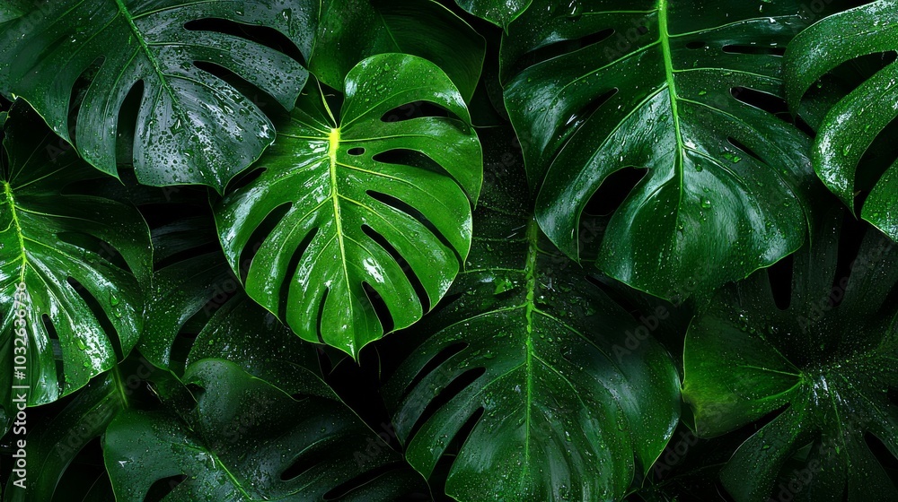 Fototapeta premium Monstera leaves flourish in a verdant jungle capturing the essence of tropical beauty