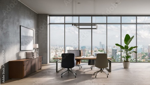 Scandinavian office interior with furniture, panoramic windows with city view, concrete walls. 3D Rendering.