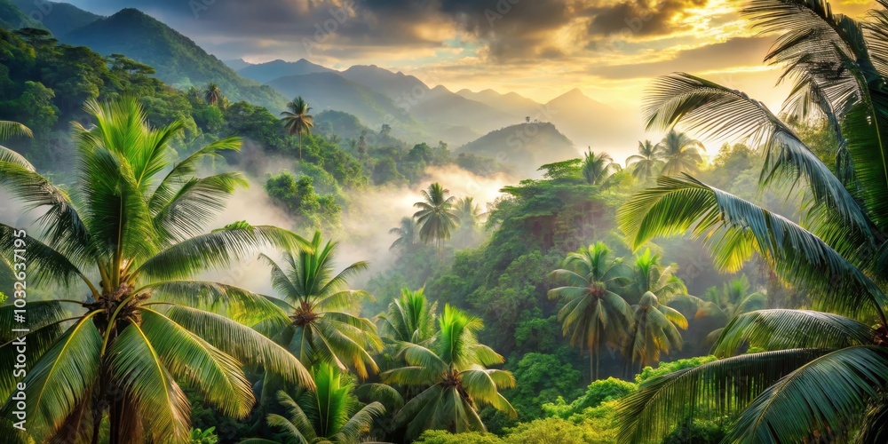 Golden Sunrise Over Tropical Rainforest, Palm Trees, Mist, Nature, Landscape , tropical rainforest, tropical landscape Golden Sunrise Over Tropical Rainforest, Palm Trees, Mist, Nature, Landscape , tropical rainforest, tropical landscape