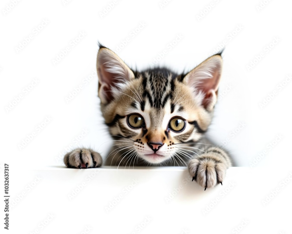 Cute gray striped baby cat over white banner