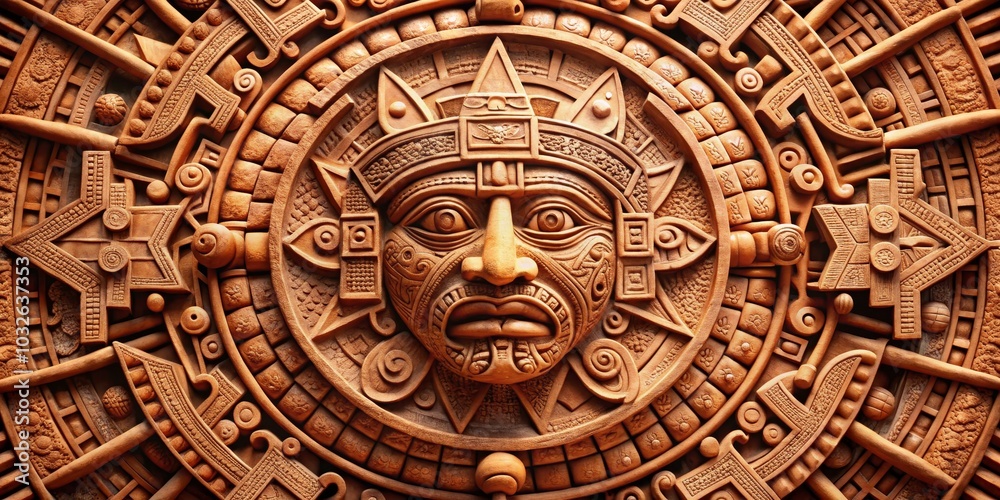 Intricate Aztec Sun God Relief Carving in Terracotta, Mayan, Aztec Intricate Aztec Sun God Relief Carving in Terracotta, Mayan, Aztec