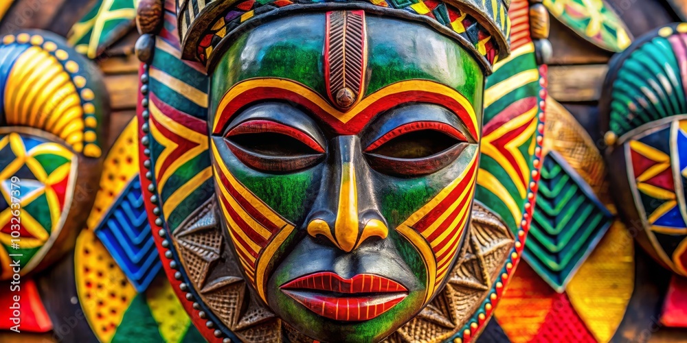 Naklejka premium Intricate Wooden Mask with Tribal Designs, Colorful Geometry, African Art, Mask, Tribal Art