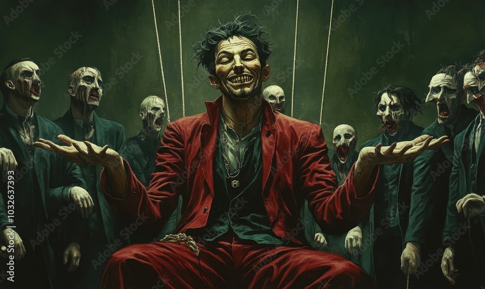 Obraz premium A man in red surrounded by zombies.
