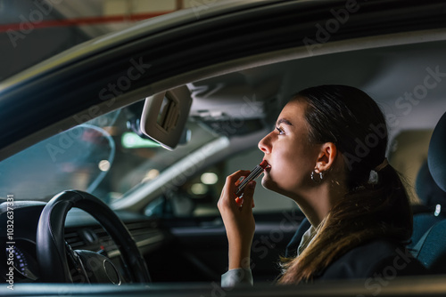 Young woman putting a red lipstick while sitting in a car.