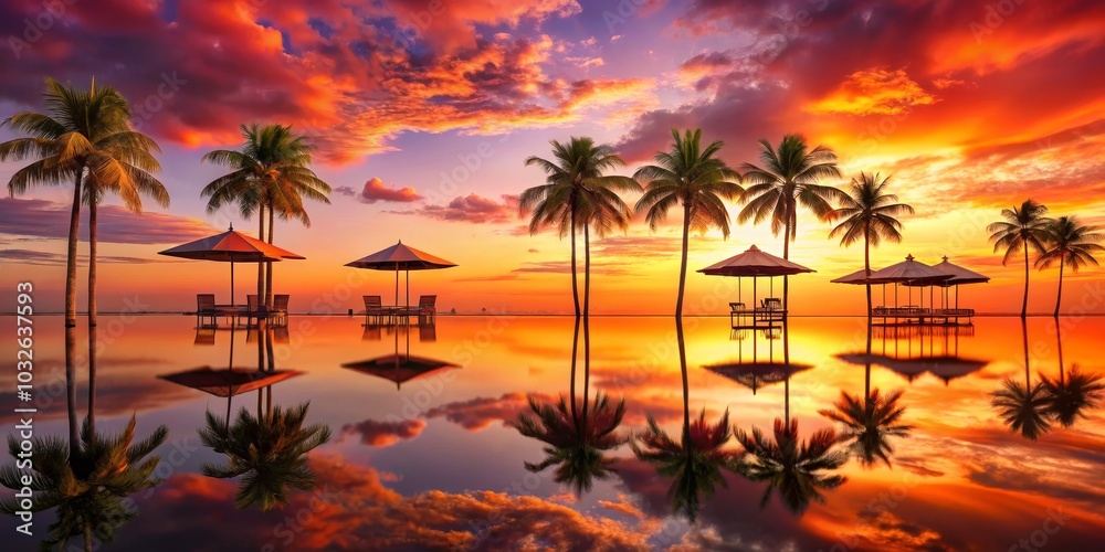 Palm Trees and Umbrellas Reflecting in a Sunset Sky, Tropical, Vacation Palm Trees and Umbrellas Reflecting in a Sunset Sky, Tropical, Vacation