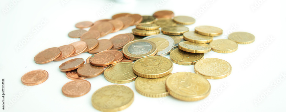 Pile of shiny coins on white background Pile of shiny coins on white background