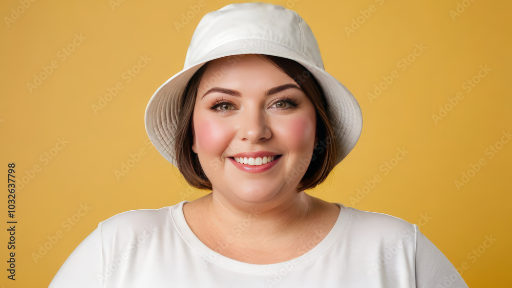Plus size woman with short hair wearing white t-shirt and white bucket hat isolated on yellow background Plus size woman with short hair wearing white t-shirt and white bucket hat isolated on yellow background