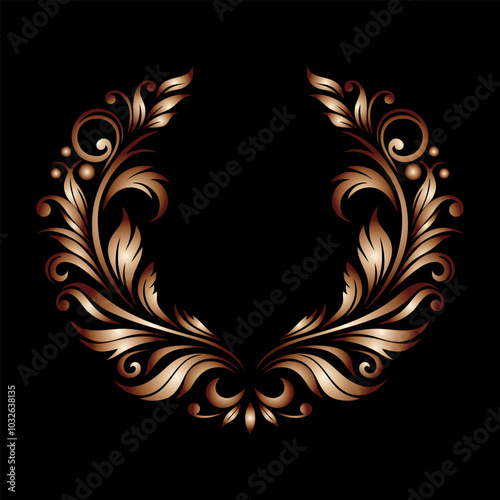 Vector bronze decorative element in the form of a wreath of curved patterns and curls in the form of a floral ornament on a black background with detailed volumetric elements.