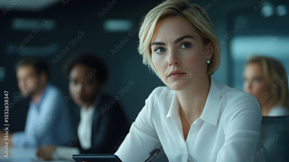 A woman in a crisp white blouse, with short blonde hair, sits at the table with a tablet in front of her. Her brow is furrowed in concentration as she listens to her colleagues, their faces A woman in a crisp white blouse, with short blonde hair, sits at the table with a tablet in front of her. Her brow is furrowed in concentration as she listens to her colleagues, their faces