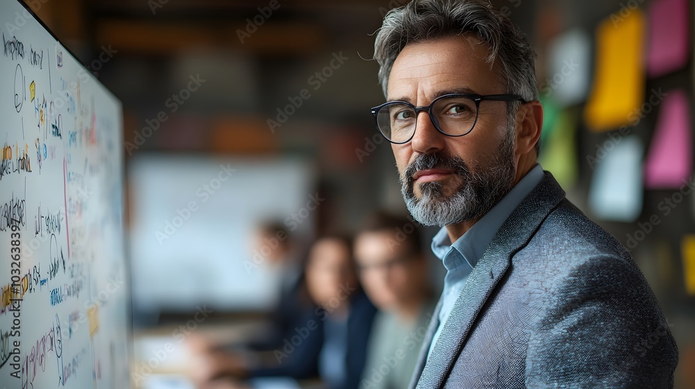 A man in his early 40s, wearing a gray suit and glasses, stands at a whiteboard, his face filled with determination as he leads a critical brainstorming session. His colleagues, a mix of men and A man in his early 40s, wearing a gray suit and glasses, stands at a whiteboard, his face filled with determination as he leads a critical brainstorming session. His colleagues, a mix of men and