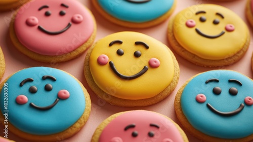 A close-up shot of colorful smiley face cookies on a pink backgr