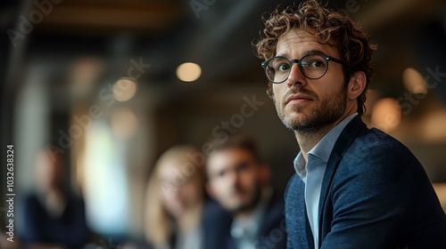 A man in his 30s, with curly brown hair and glasses, stands at the front of the room with a laser pointer. His expression is one of focus as he explains the complexities of the issue at hand, while photo