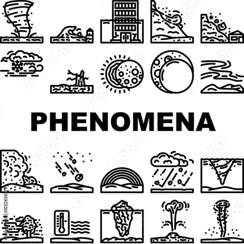natural phenomena eclipse tsunami icons set vector. aurora hurricane, tornado earthquake, volcano lightning, rainbow blizzard, cyclone natural phenomena eclipse tsunami black contour illustrations