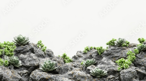 Succulents thrive among rugged rocks creating a unique and serene garden landscape