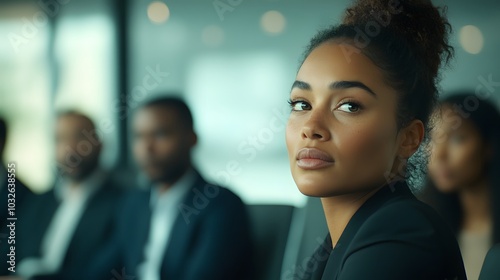 A group of professionals, dressed in formal business attire, sit in a modern conference room. One woman, with her hair pulled back in a bun, leans forward, her expression serious as she listens to a