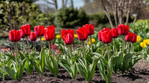 Bright red tulips bloom showcasing the vibrant beauty of a spring garden