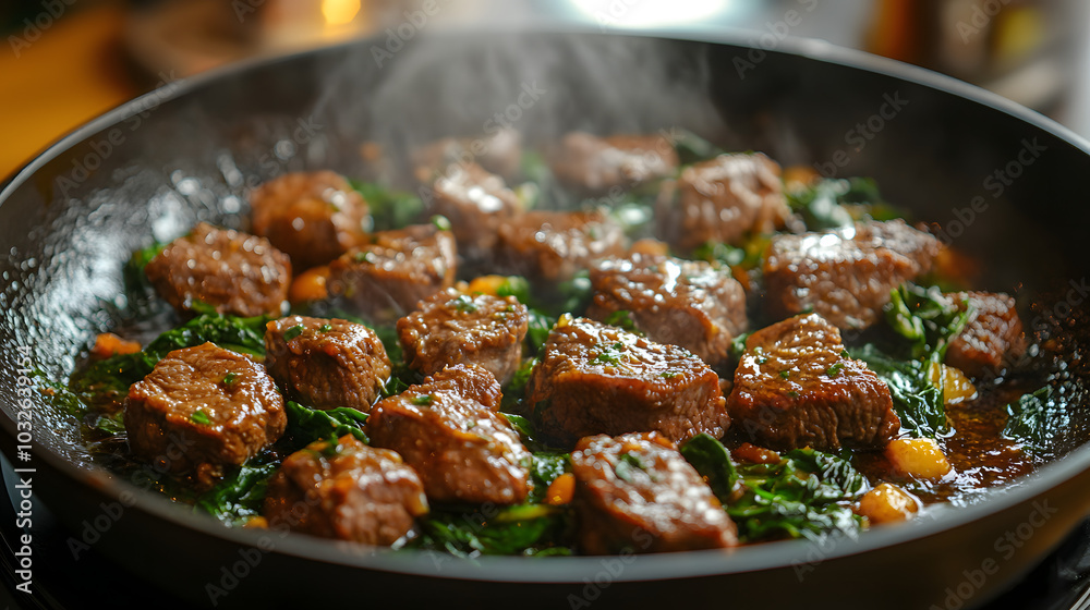 Unappetizing Lamb and Wilted Spinach Stir-Fry with Lacking Vibrancy and Aroma