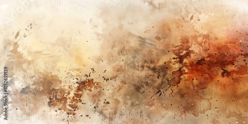 Abstract background with manuscripts and abstract ink splashes in beige and brown tones.