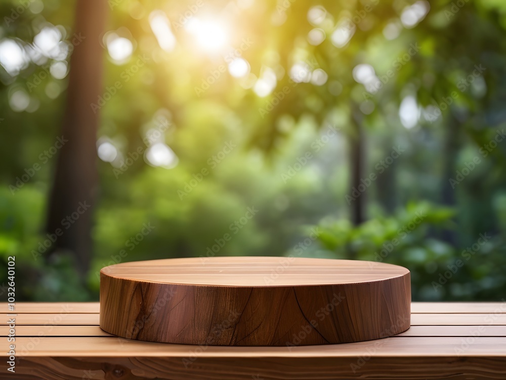 wooden podium for product display with blurred green trees background wooden podium for product display with blurred green trees background