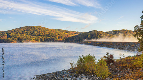 Mist rising from Quabbin Reservoir near Winsor Dam