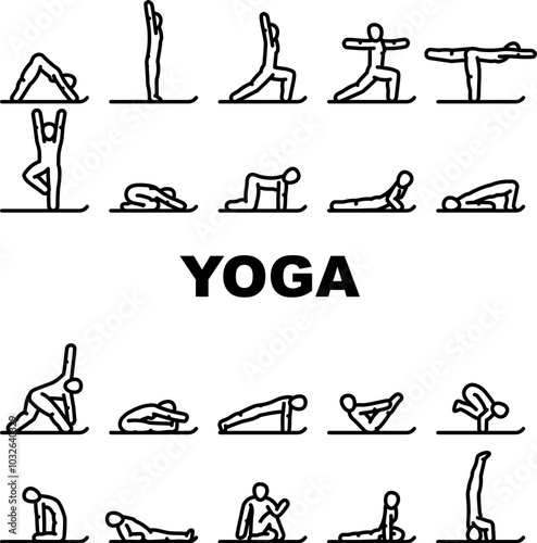 yoga exercises meditation icons set vector. flexibility balance, strength flow, mindfulness relaxation, posture, alignment yoga exercises meditation black contour illustrations