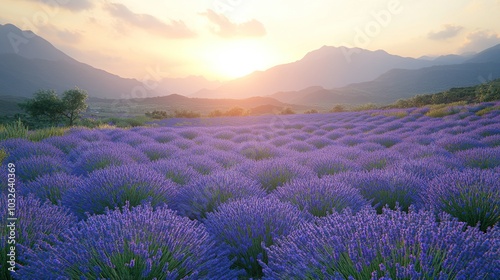 Lavender fields at sunset with mountains in background.