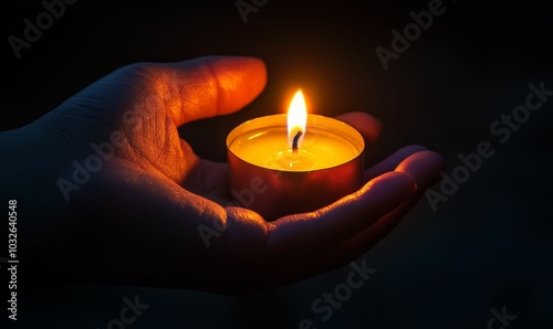 A hand holding a lit candle.