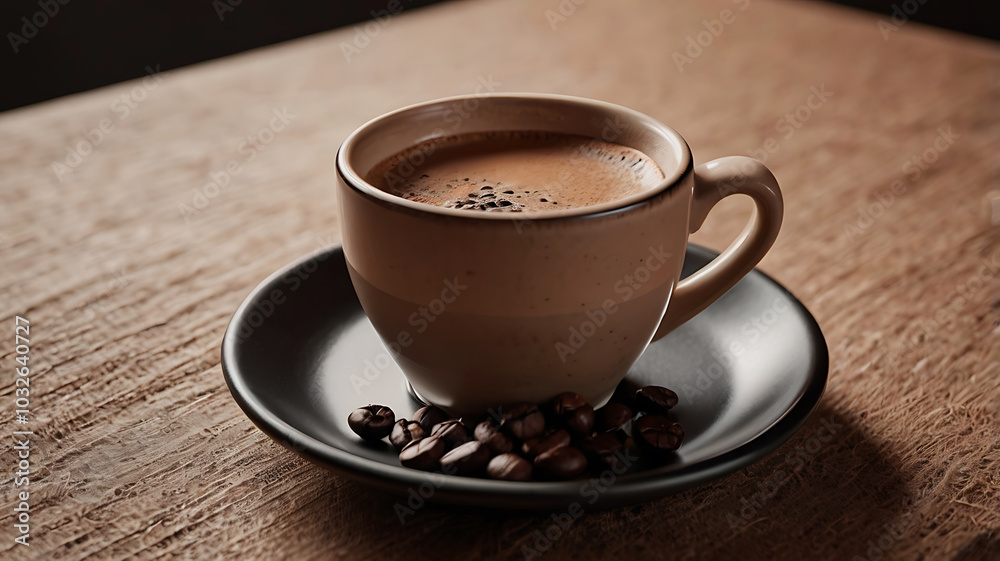 Fototapeta premium A Steaming Cup A Beautifully Cup of coffee and beans Boden Ooh on a Rustic Background