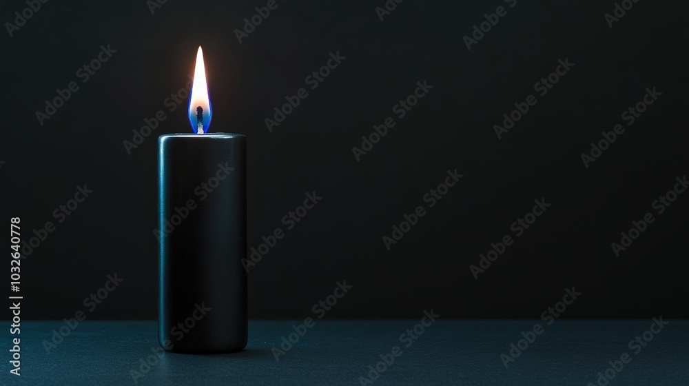 Single Black Candle Burning with Blue Flame on Dark Background Single Black Candle Burning with Blue Flame on Dark Background