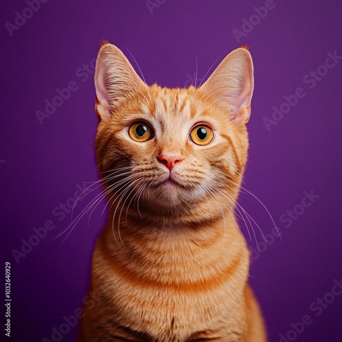 close-up photo of a fluffy orange tabby cat, yellow eyes sitting on a purple windowsill.Animal concept.